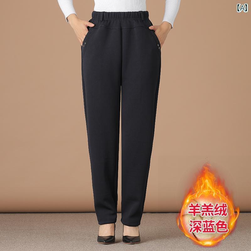 ウエストゴム パンツ レディース 冬 ロング 大きめサイズ ポケット ストレート 厚手 暖かい カジュアル 黒 ブラウン ダークブルー シニア 60代 ミセス おかけ 旅行 部屋着