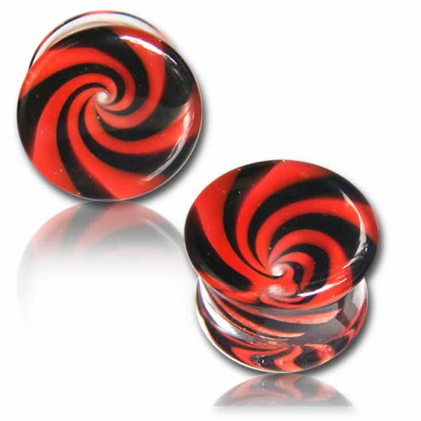 金属アレルギー対応 ボディピアス パイレックスガラスプラグ レッドトルネード 赤色 黒色 うず巻き