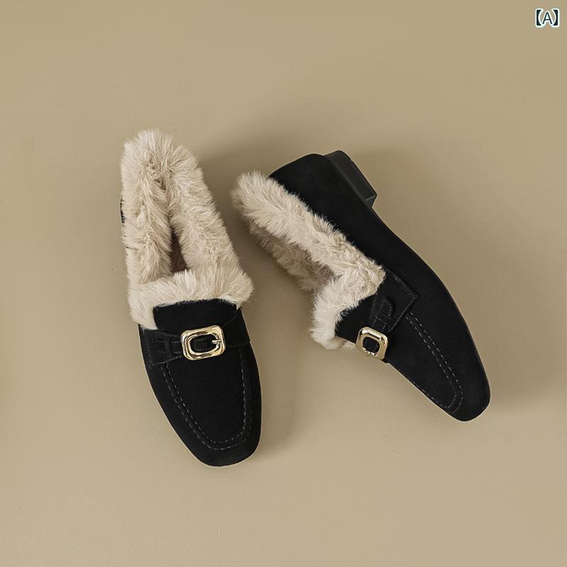 革靴 秋冬 暖かい レディース カジュアル 女性用 羊 革 アウター ファーリー シューズ フレンチ ベルベット スリッポン ビーニー シューズ ローヒール ゴールドバックル ローファー 10,584円