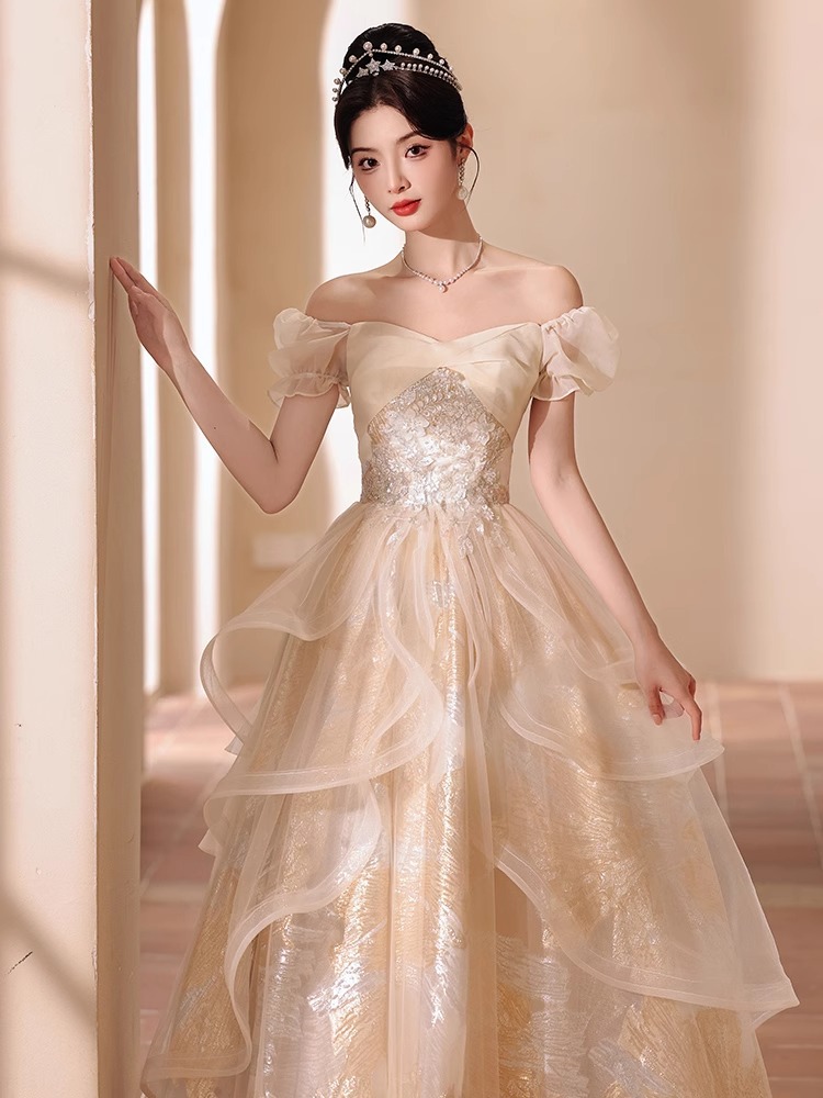パーティードレス Aラインドレス 結婚式 ウェディングドレス ピンク パープル グリーン ロングドレス カラードレス オフショルダー 高級感 演奏会 姫系風 前撮り ウェディング撮影 きれ花嫁ドレス