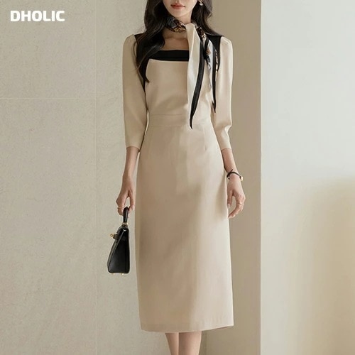 [メガ割りSALE]配色スクエアネックHラインワンピース・p682964