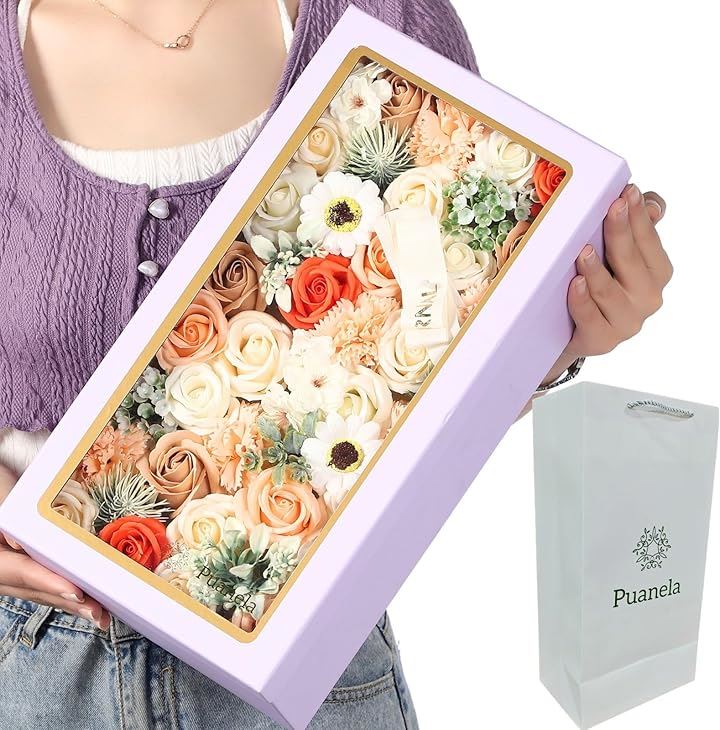 ソープフラワー フラワーボックス 誕生日 プレゼント 母の日 退職 敬老の日 造花 紙袋付き(オレンジ, 大)