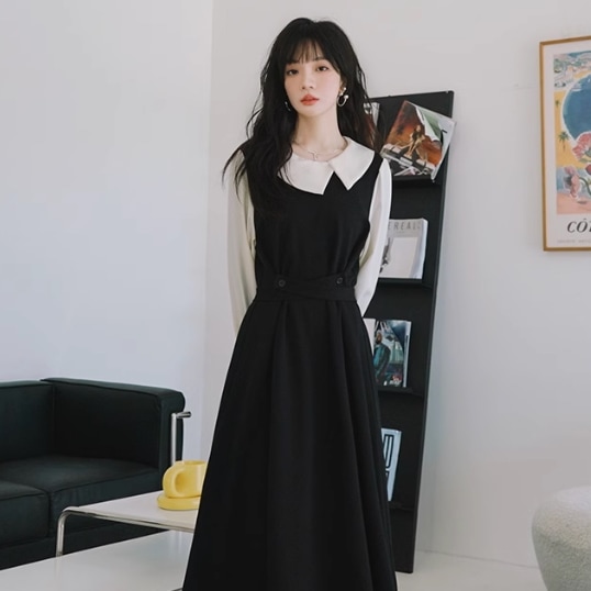 ワンピース ロング丈 長袖 袖あり 襟付き 角襟 セミフレア Aライン ウエストマーク ハイウエスト ポリエステル かわいい 大人可愛い シンプル カジュアル おしゃれ レトロ フォーマル キュート