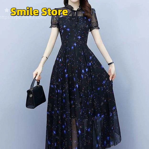 ワンピース レディース フレアワンピース ワンピドレス 膝下 ミディアム丈 半袖 パフスリーブ スタンドカラー フレア Aライン シフォン フリル ふわふわ ハイウエスト 透け感 シースルー