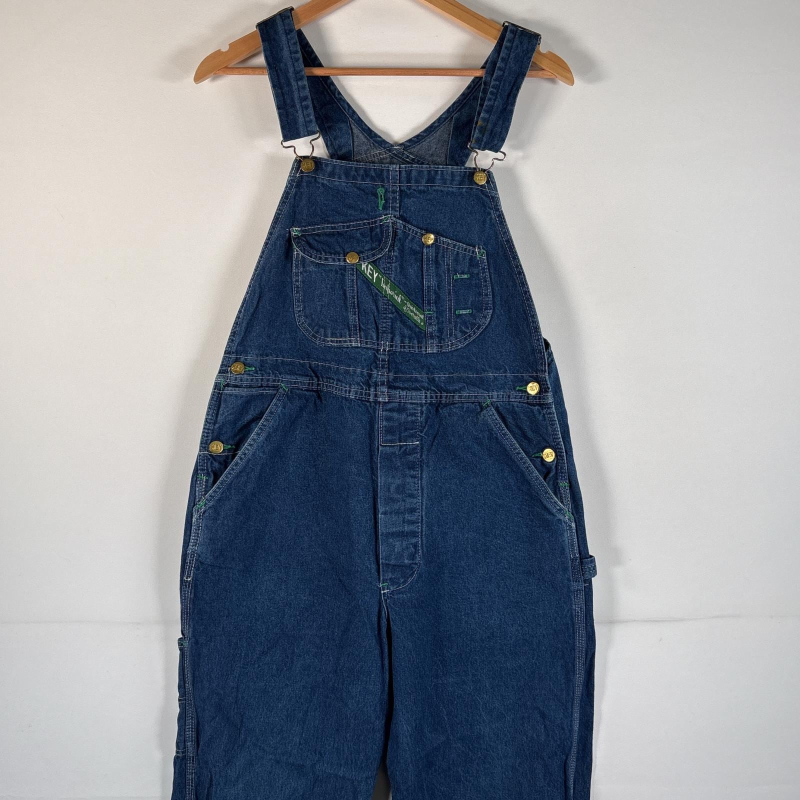 古着 90s/90年代 キー KEY オーバーオール デニム ワーク ワンポイントロゴ ペインター ハンマーループ w34 L30 ブルー系 メンズ