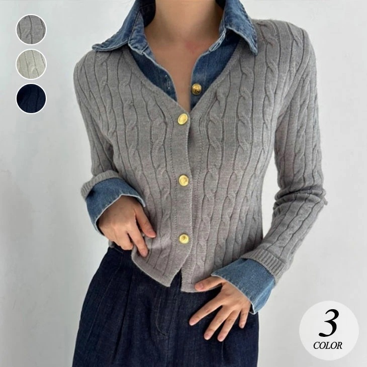 クーポン利用で半額 フェイクレイヤード 長袖 ニット セーター レディース 重ね着風 トップス 秋 デニム デニムステッチ レイヤード風 ニットセーター カジュアル お洒落 韓国ファッション