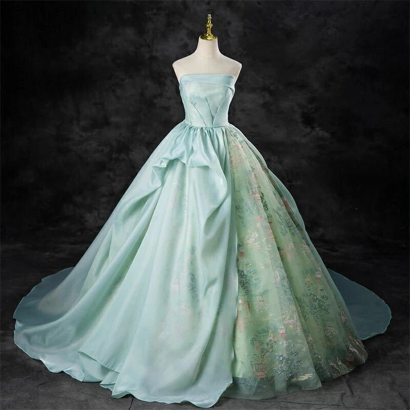 カラードレス ロングドレス パーティードレス 淡い グリーン チュール フリル ビスチェ ベアトップ ウェディングドレス ウエディングドレス 結婚式 二次会 花嫁 前撮り 演奏会 発表会 オフショルダ