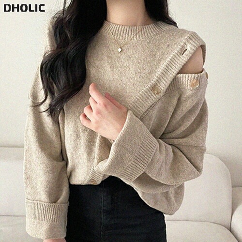 ウール混ボタンラウンドネックベーシックオーバーサイズ長袖ニット・1954049