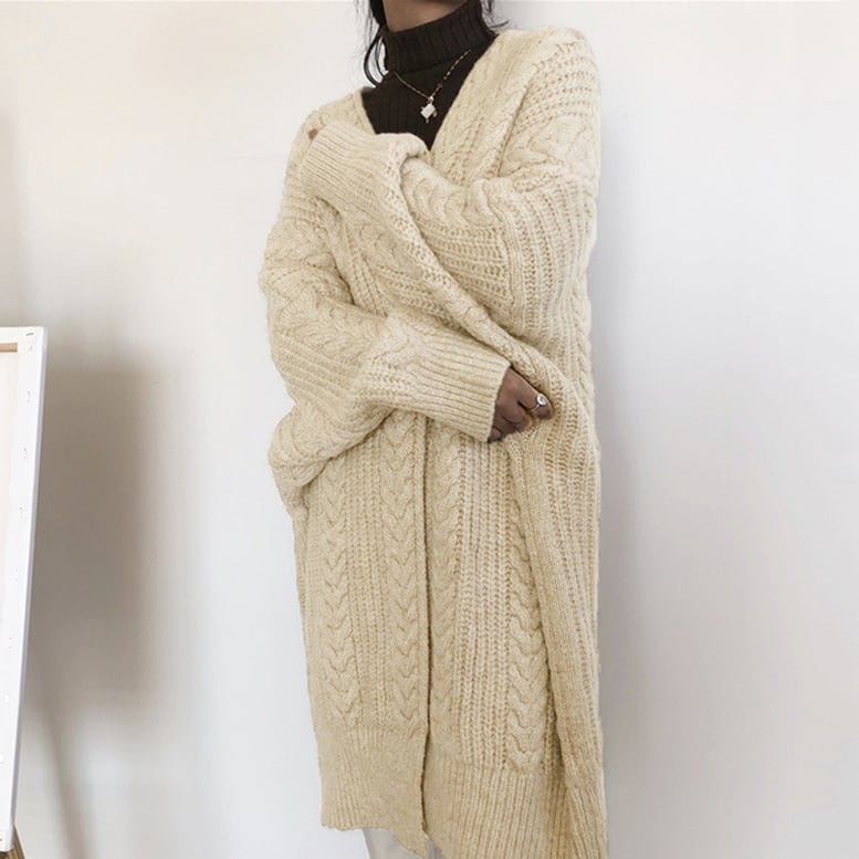 2color レディース ロングニットカーディガン ルーズケーブルカーディガン 78