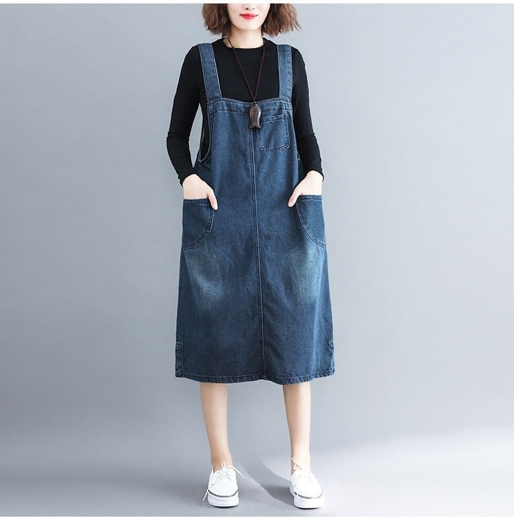 デニム スカート サロペット デニムスカート 膝下 ミドル丈 ポケット かわいい 可愛い シンプル カジュアル おしゃれ お洒落 アジアン こなれ感 ラフ メンズライク マニッシュ ボーイッシュ 5,284円