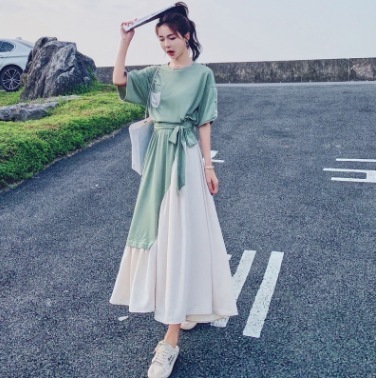 個性的 デート モテコーデ ワンピース フレアワンピース ロング ロング丈 袖あり 半袖 ラウンドネック フレア ウエストリボン 切り替えデザイン かわいい 可愛い カジュアル おしゃれ 6,254円