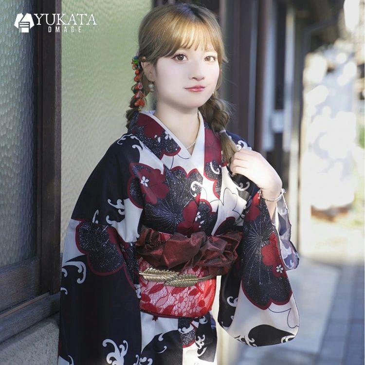 浴衣 レディース 黒 赤 小紋 花柄 花火大会 夏祭り ポリエステル浴衣 夏 レディース 5点セット 兵児帯 浴衣 ゆかた 女性用 大正浪漫 可愛い 和装 華やか