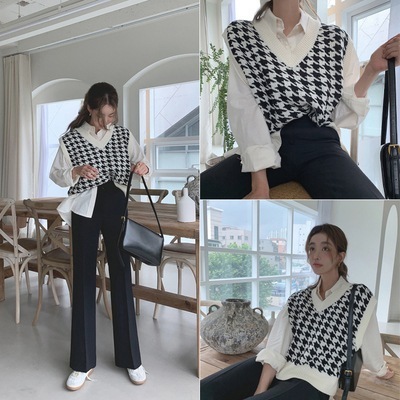 トップス ニット ベスト 幾何学模様 重ね着 デザイン プルオーバー 美ライン Ｖネック セーター ニットベスト ショート ショート丈 スタイルアップ リラックス 重ね着風 2点セット ニットベスト シャツ レディース ニット トップス