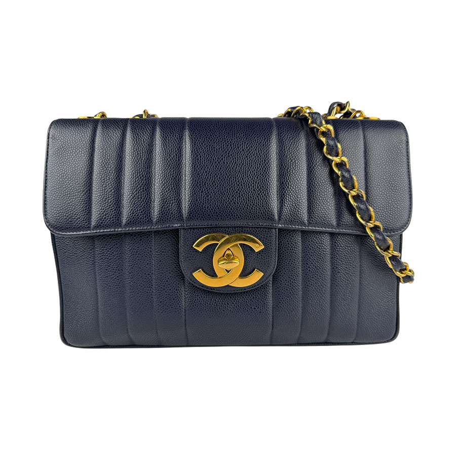 シャネル CHANEL ショルダーバッグ マドモアゼル30 キャビアスキンレザー ネイビー ゴールド レディース z6309