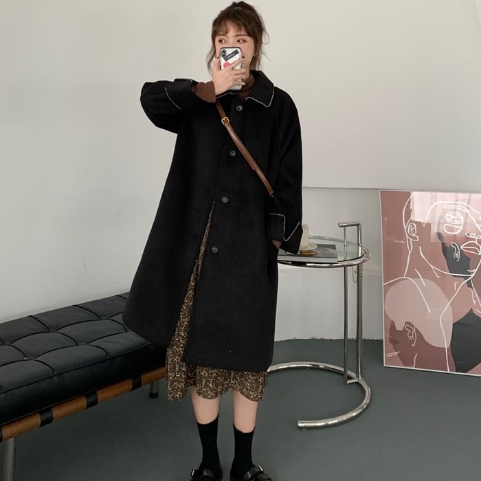 アウター コート ロング丈 襟付き シングルブレスト ボタン ポケット カジュアル シンプル