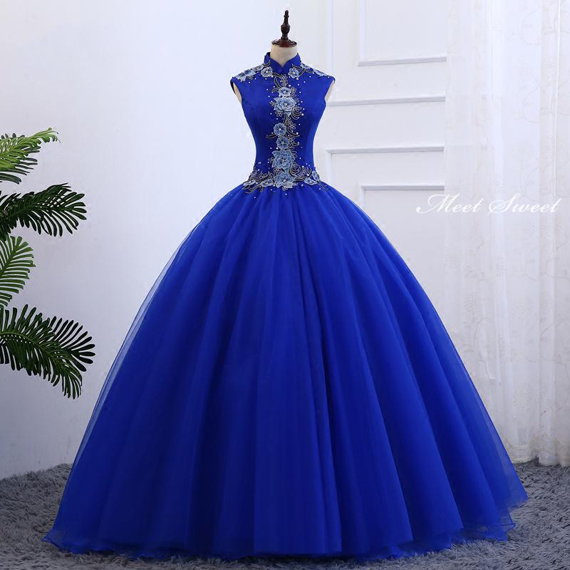 カラードレス ロイヤルブルー ハイネック 青 ロングドレス 結婚式 二次会 発表会 演奏会 ウェディングドレス ウエディングドレス 花嫁 前撮り プリンセスドレス イブニングドレス コンサート パーテ