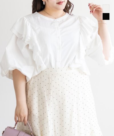 大きいサイズ レディース LL 3L 4L XL XXL XXXL バルーンスリーブフリルブラウス