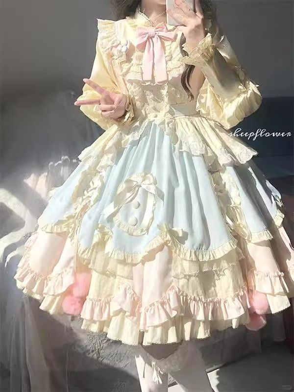 【2枚購入で 3oo円OFF！】ブルーピンクかわいい甘い甘くてファッショナブルなロリータ長袖ドレスオペアープリンセススカートロリータ秋と冬スタイル