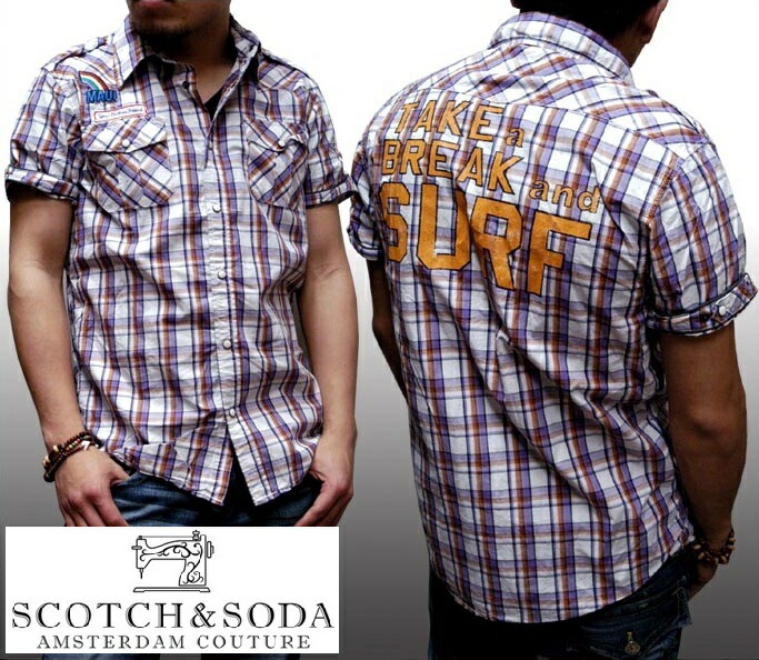 訳ありアウトレット スコッチ&ソーダ シャツ SCOTCH&SODA スコッチアンドソーダ メンズ 半袖 チェック ウェスタン ワークシャツ ワッペン パープル オレンジ サファリ シャツ ボタ