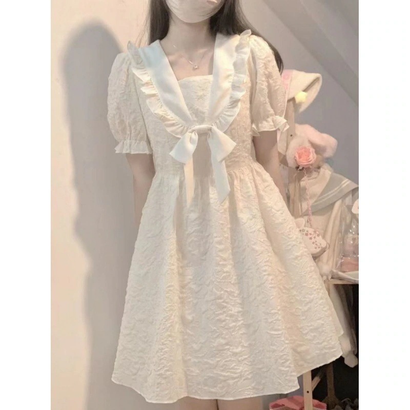 カレッジスタイルホワイトドレス2024夏甘い初恋ガールボウパフスリーブプリンセススカート