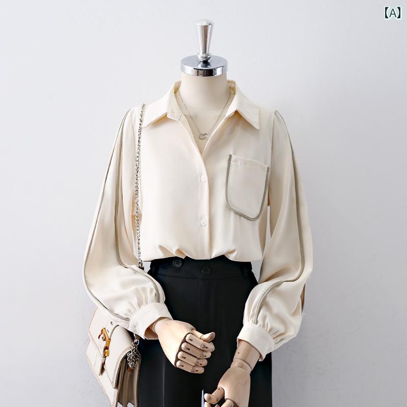 レディース シャツ ブラウス 長袖 春秋 シャツ襟 ポケットと袖／アクセントライン装飾 ユニークデザイン 個性的 め タック袖 シングルブレスト エレガント スタイリッシュ トップス