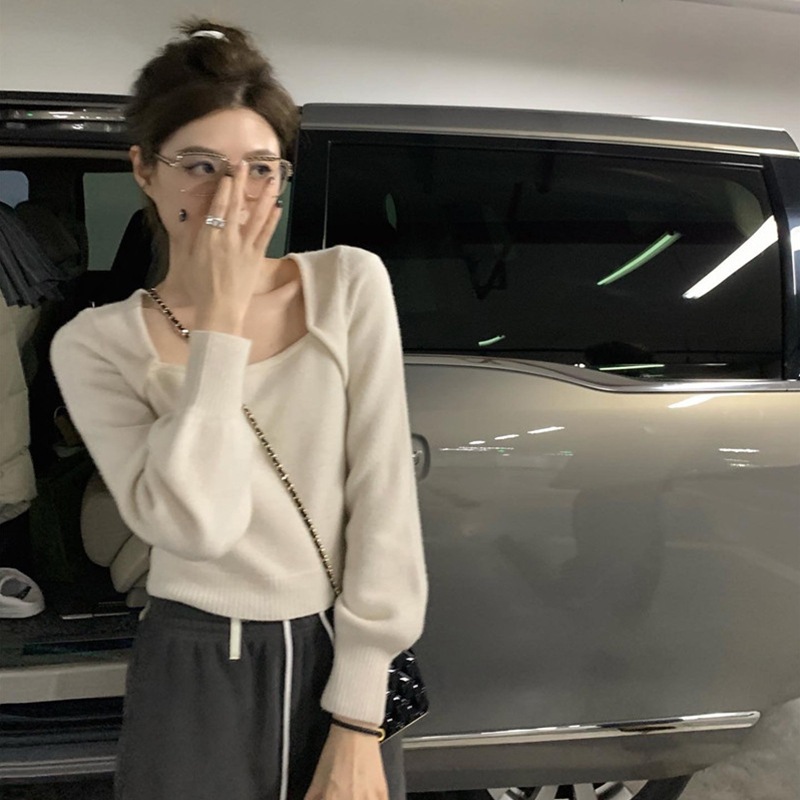 フェイクレイヤード ニット トップス セーター プルオーバー シンプル ブラック 黒 ホワイト 白