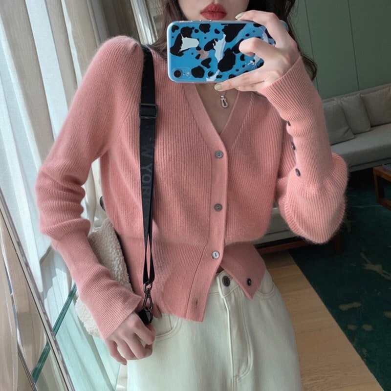 ニットカーディガン トップス カーディガン ショート ショート丈 袖あり 長袖 Vネック 細身 5,111円