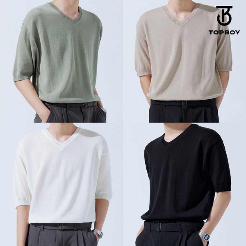 (TOPBOY) サマーリネンマッスルフィット Vネック半袖ニット (MD285)
