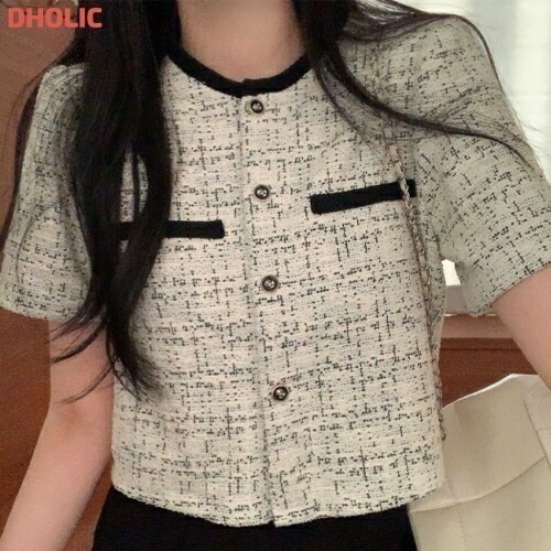 ツイードラウンドネック半袖配色カーディガン