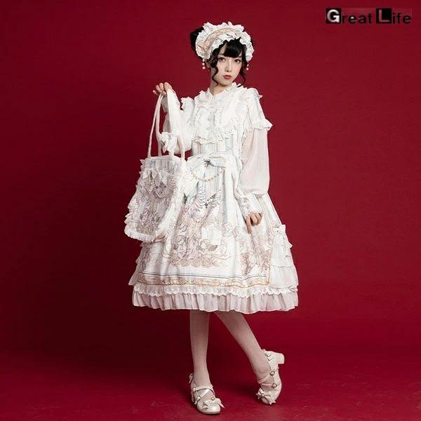 ロリータ ワンピース ゴスロリ Aライン リボン Lolita レディース コスチューム 衣装 かわいい フリル 仮装 パーティ髪飾り イベント ファッション ホワイト ブ