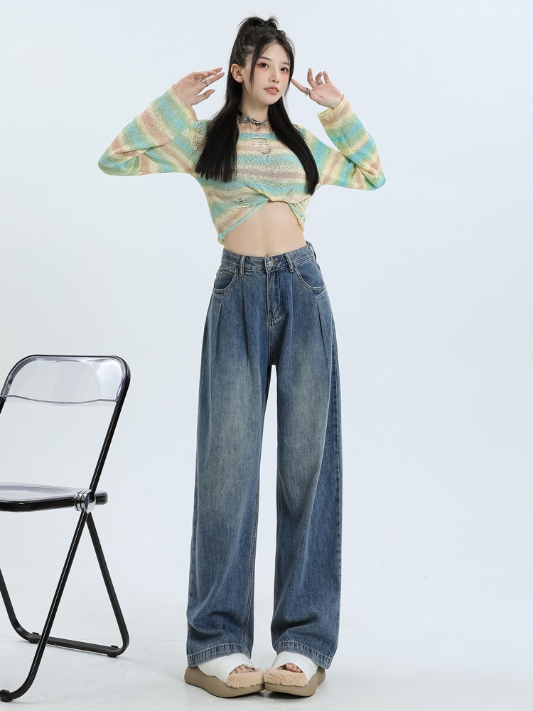 初秋の韓国版ブルーワイドレッグジーンズ女性新作ハイウエストルーズ薄型折り返しデザインセンスストレートドラッグパンツ