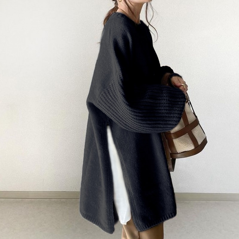 【高級感をかもし出す】 気質アップ無地ラウンドネックスリットセーター