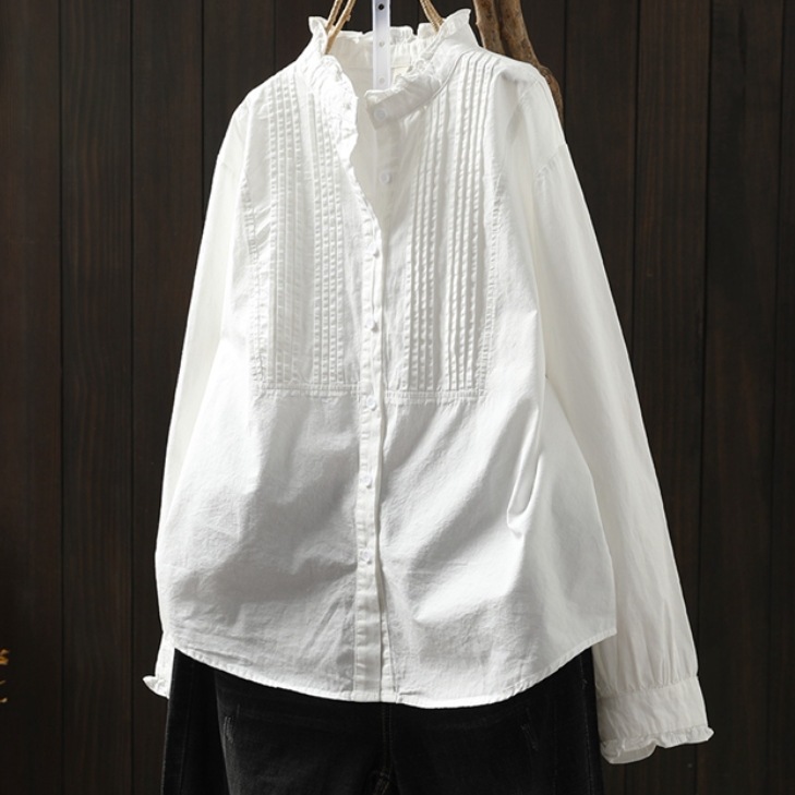レディース トップス シャツ ブラウス 前開き 長袖 スタンドカラー ワイド フェミニン フリル ボタン 薄手 かわいい 大人可愛い きれいめ シンプル カジュアル 上品 おしゃれ レトロ こなれ感