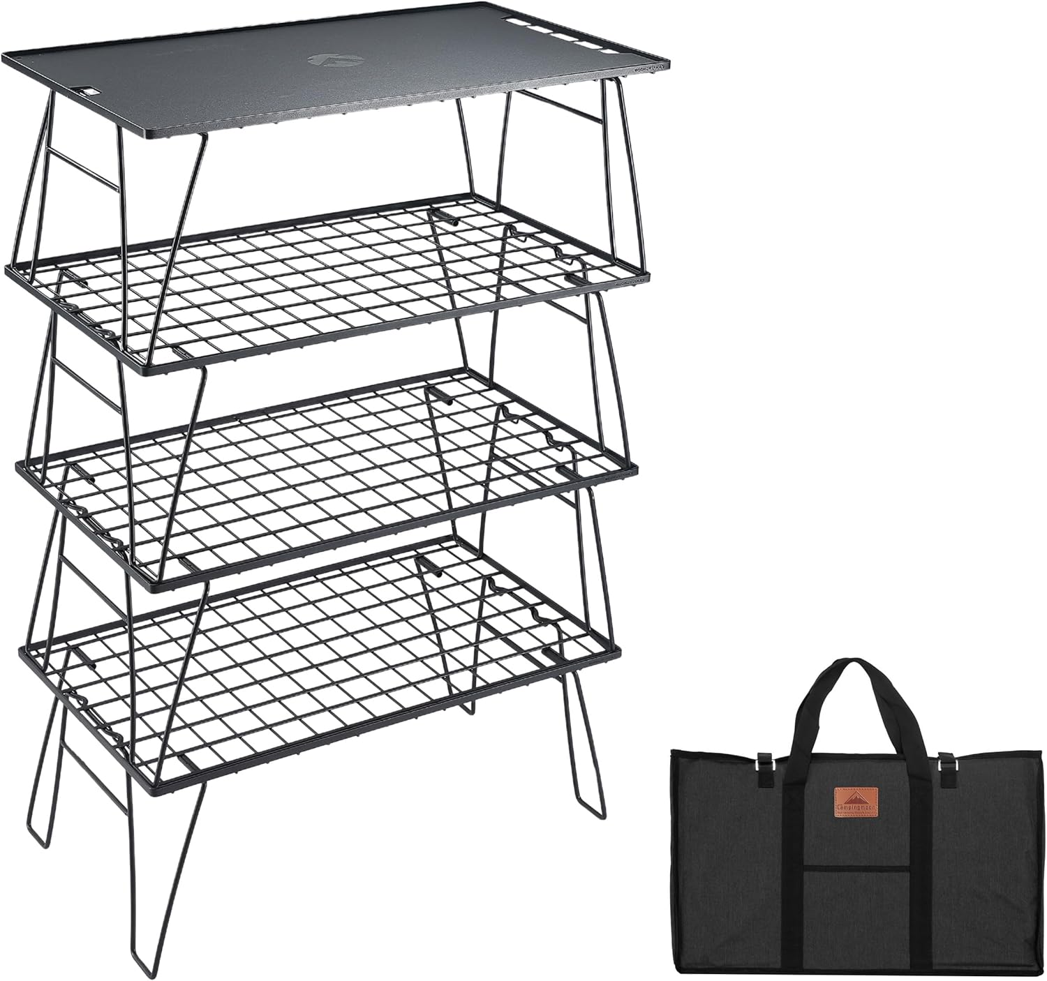 キャンピングムーン(CAMPING MOON) フィールドメッシュラック キャンプ ラック ブラック 軽量 薄型 アルミ天板 収納付き T-235-4TM