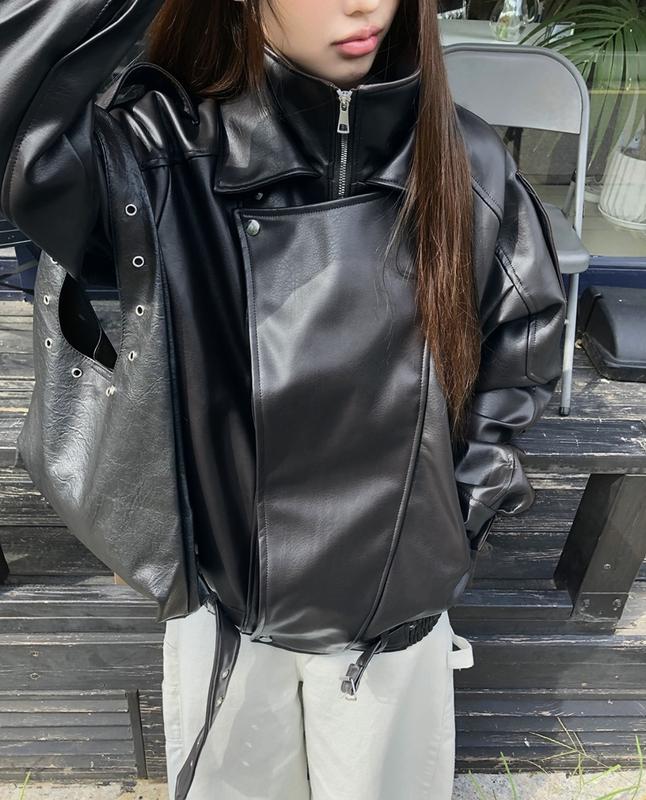 レトロカラレザーベルトジャケット