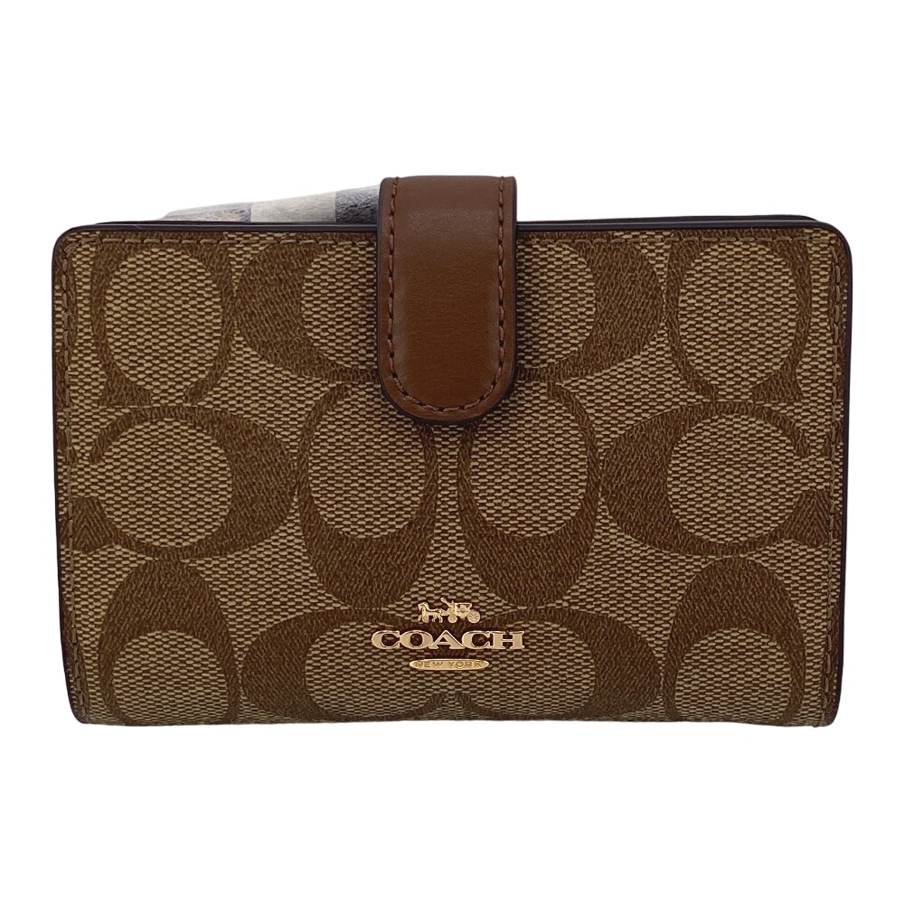 F23553 ミディアムコーナージップウォレット シグネチャー レザー 二つ折り財布 ブラウン レディース ブランド