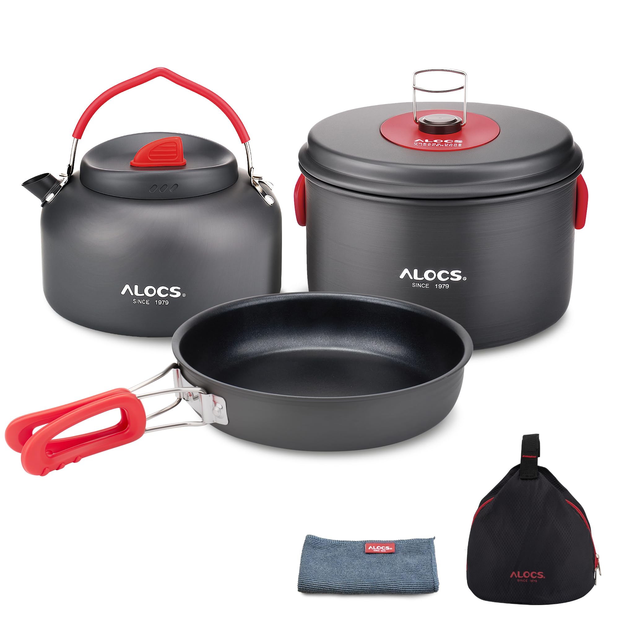 Alocs 5pcs キャンプ用調理器具 折り畳み式キャンプ 鍋 アウトドア ケトル 登山用品 アルミクッカー 軽量クッカーセット 収納袋付き 2-3人に適応