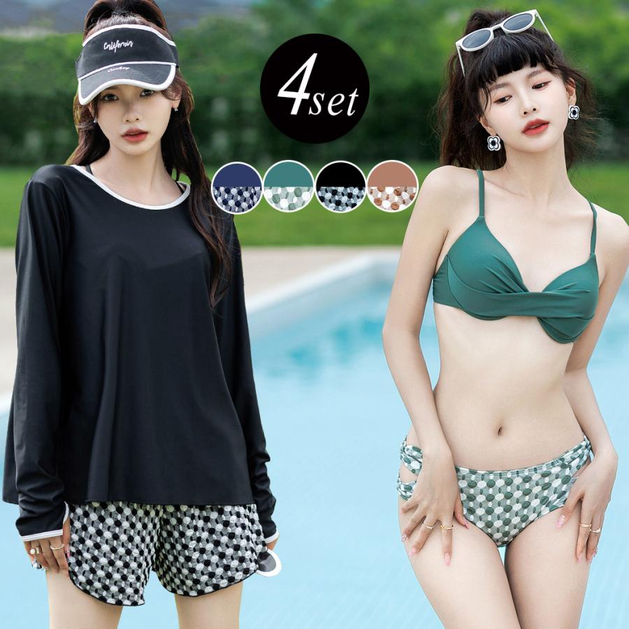 水着 レディース 体型カバー 4点セット ビキニ 長袖シャツラッシュガード バッククロス ショートパンツ 20代 30代 40代 5,822円