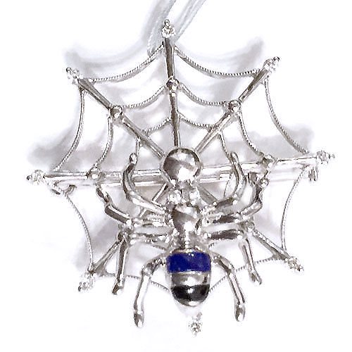 K18WG ダイヤ ラピス＆オニキス 蜘蛛 ブローチペンダント 天然石 パワーストーン アクセサリー