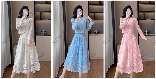 韓国版長袖レースワンピーススーツドレス-24