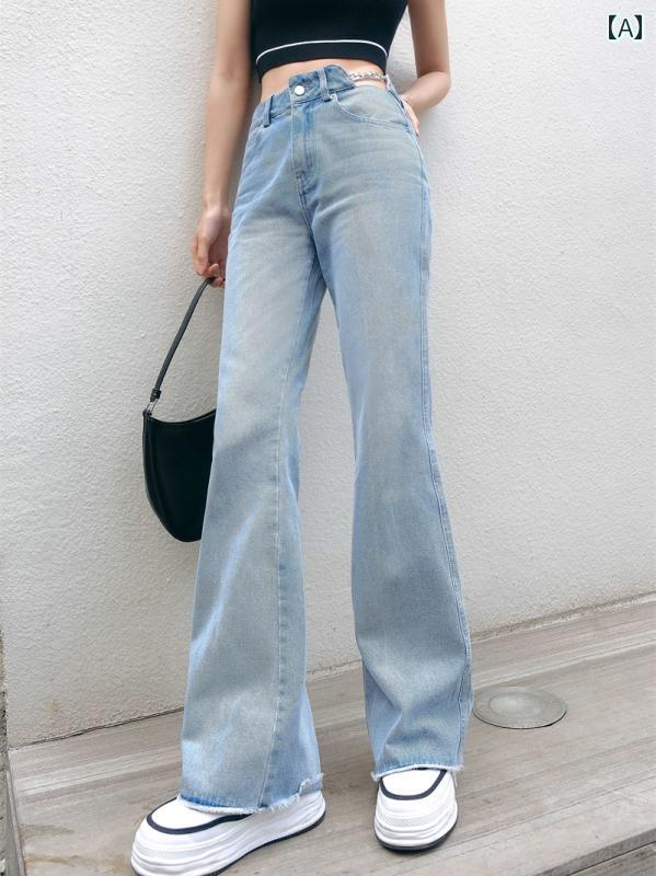 デニムパンツ レディース ジーンズ ボトムス ハイウエスト ウォッシュド カットオフ ワイド ストレート 韓国 カジュアル ブルー