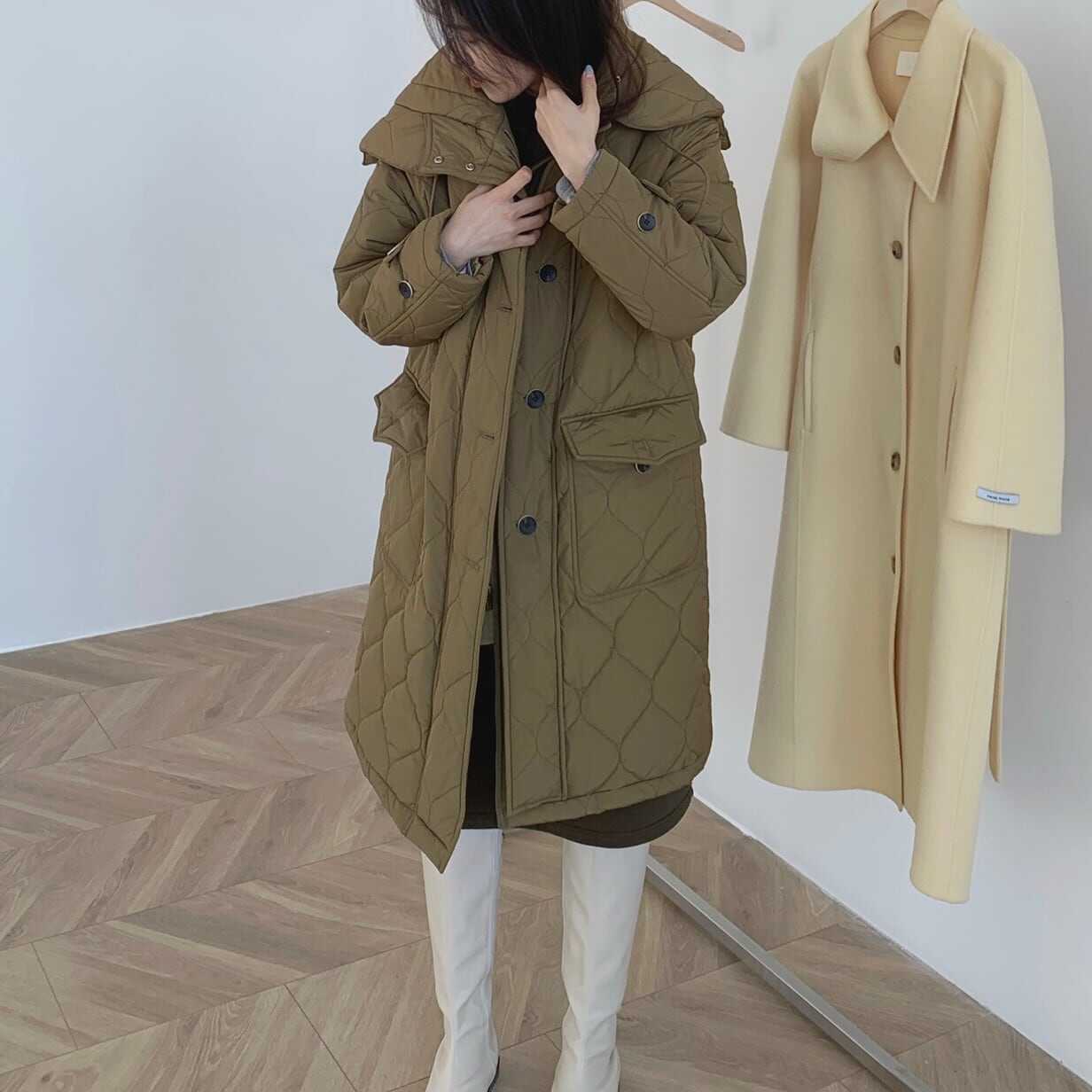 中綿コート レディース アウター ダウンコート キルティング 韓国風 幾何学模様 中綿ダウンコート ロング丈 軽い 軽量 フード付き 冬服 厚手 アウター 暖かい 大きいサイズ スリム 防寒 lout