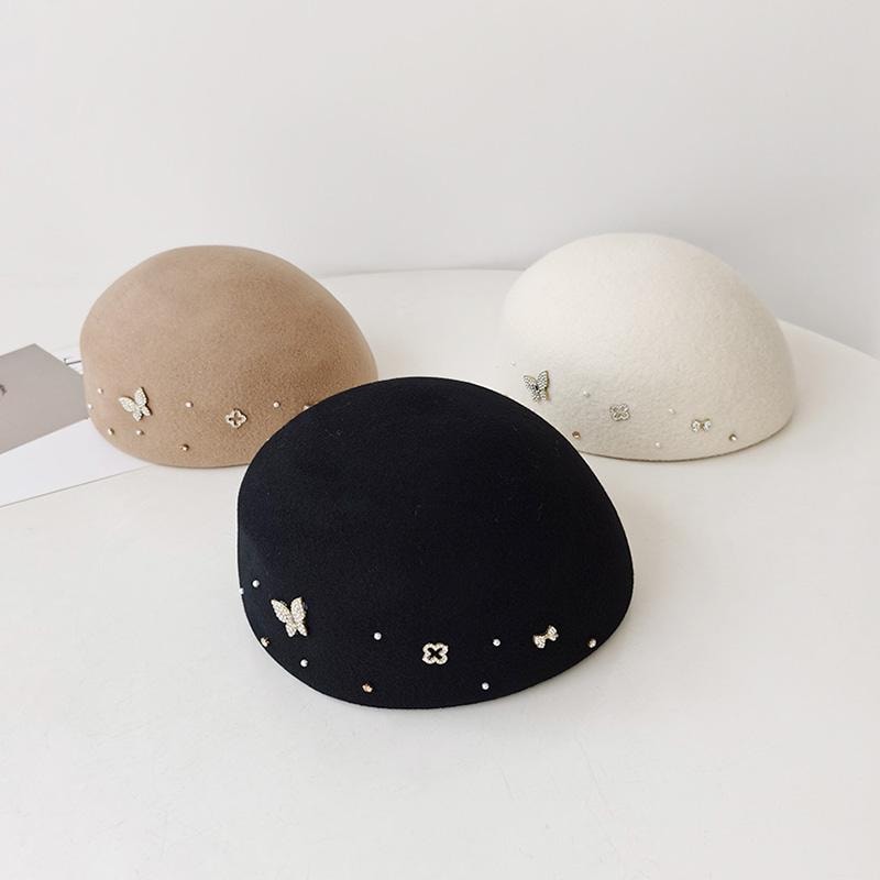 秋冬 コーデ レディース ファッション オシャレ アイテム カワイイ シンプル 大人カワイイ エレガント ラインストーン 蝶 ベレー帽 ウール 帽子 CA