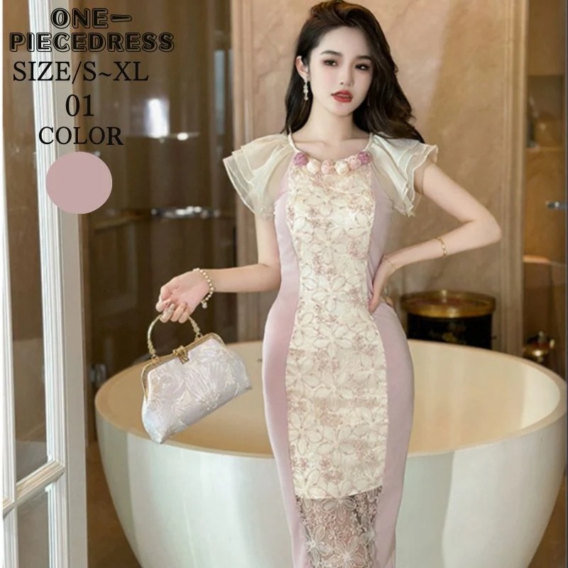 ワンピスドレス　タイトドレス　パーティードレス　フラワー刺繡ドレス　フォーマルドレス　胸パット付き　レース　半袖　姫系　セクシー上品 大人 きれいめ キャバ嬢　お水　結婚式 20代 30代 40代　ピ