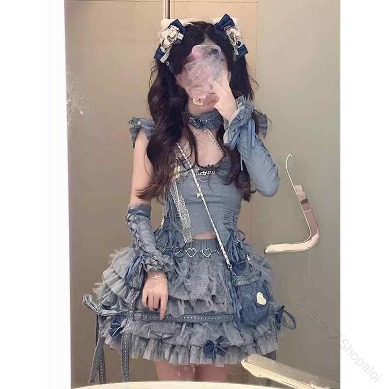 ロリータ ファッション コスプレ 衣装 コスチューム デニム ブルー 肩ひも トップス スカート かわいい