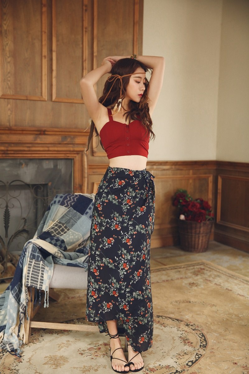 3077.レトロ風 ボヘミアンロングスカート（ダークブルー）