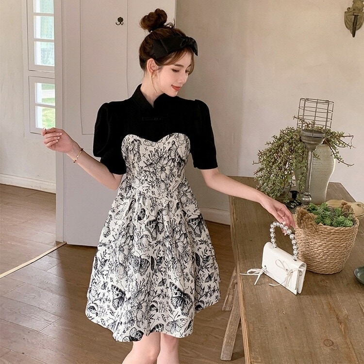 工ガ割-ドッキングワンピース チャイナボタン ック 半袖 Aラインワンピース 花柄 町長柄 ワンピース ミニワンピ ミニ丈 ショート丈 ガーリー 体型カバー 大きいサイズ お出かけ ワンピース