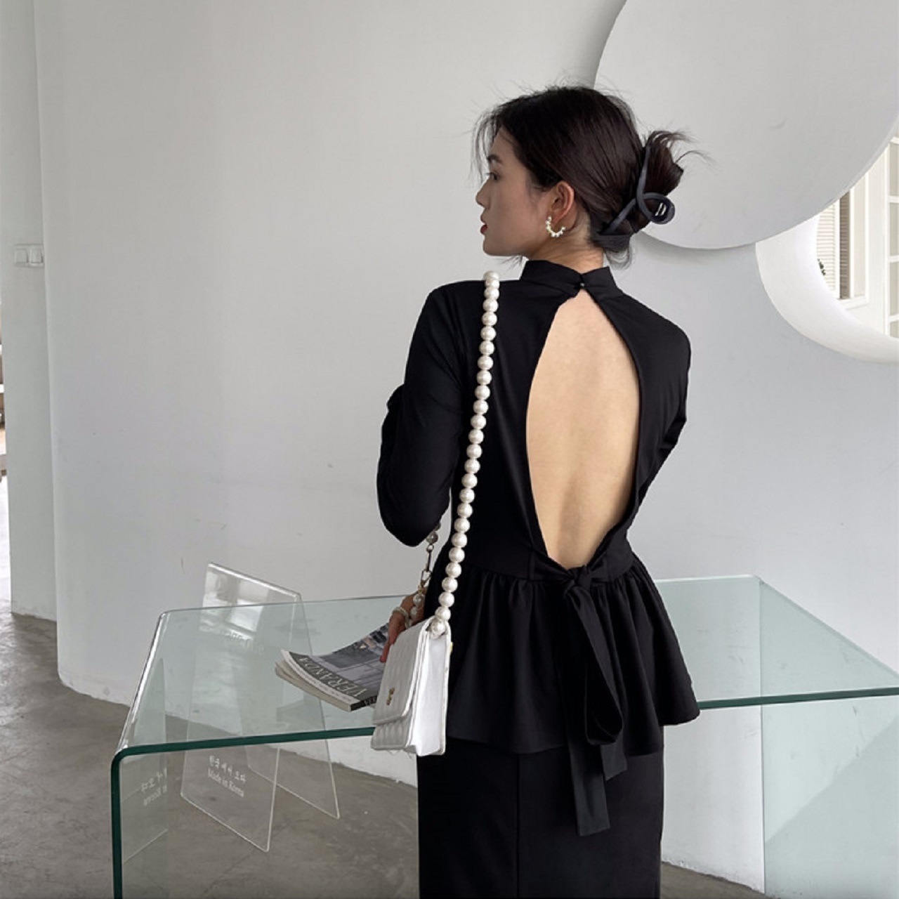 トップス カットソー 長袖 ハイネック スタンドカラー フレア スリム タイト 細身 ペプラム