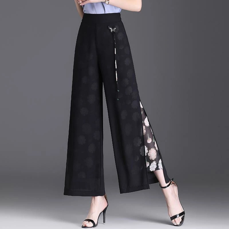 レディース ファッション おしゃれ 上品 シンプル 夏 チャイナ風 スリットパンツ 薄手 涼しい 涼しい ハイウエスト ストレート パンツ スリム 水玉 シフォン 細身 ワイド パンツ