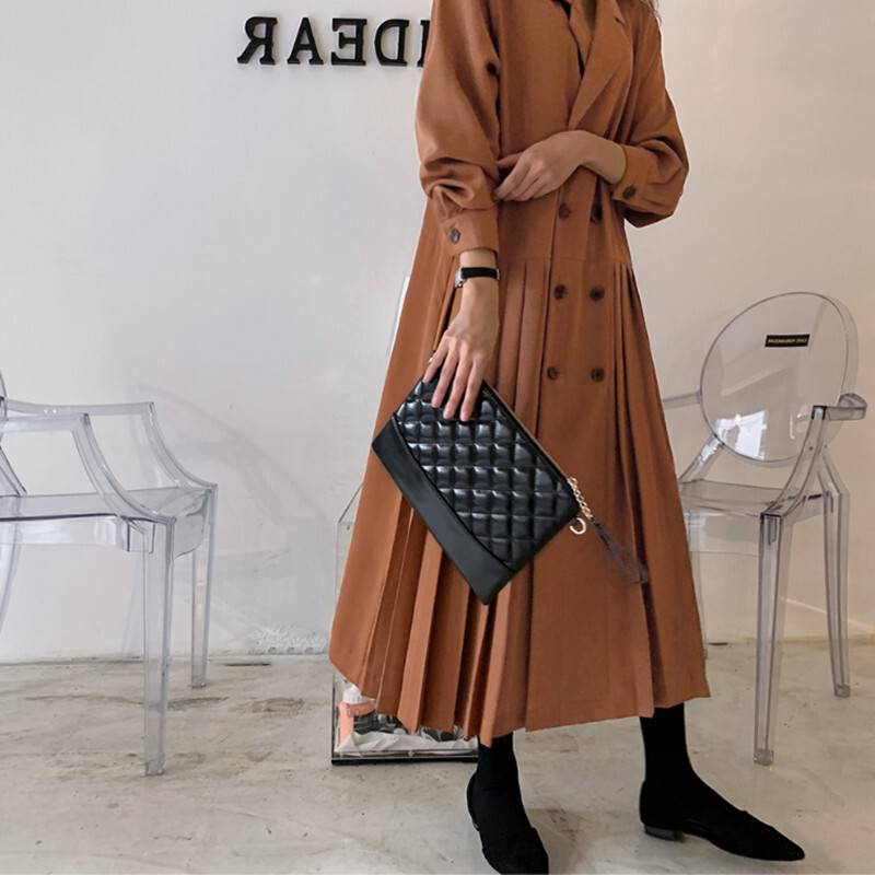 2色 アウター レディース コート ロング ワンピース ワンピ ドレス トレンチコート ダブルボタン 長袖 プリーツ 切り替え デザイン おしゃれ きれいめ ブラウン 茶 ブラック 黒 ロング丈 大人